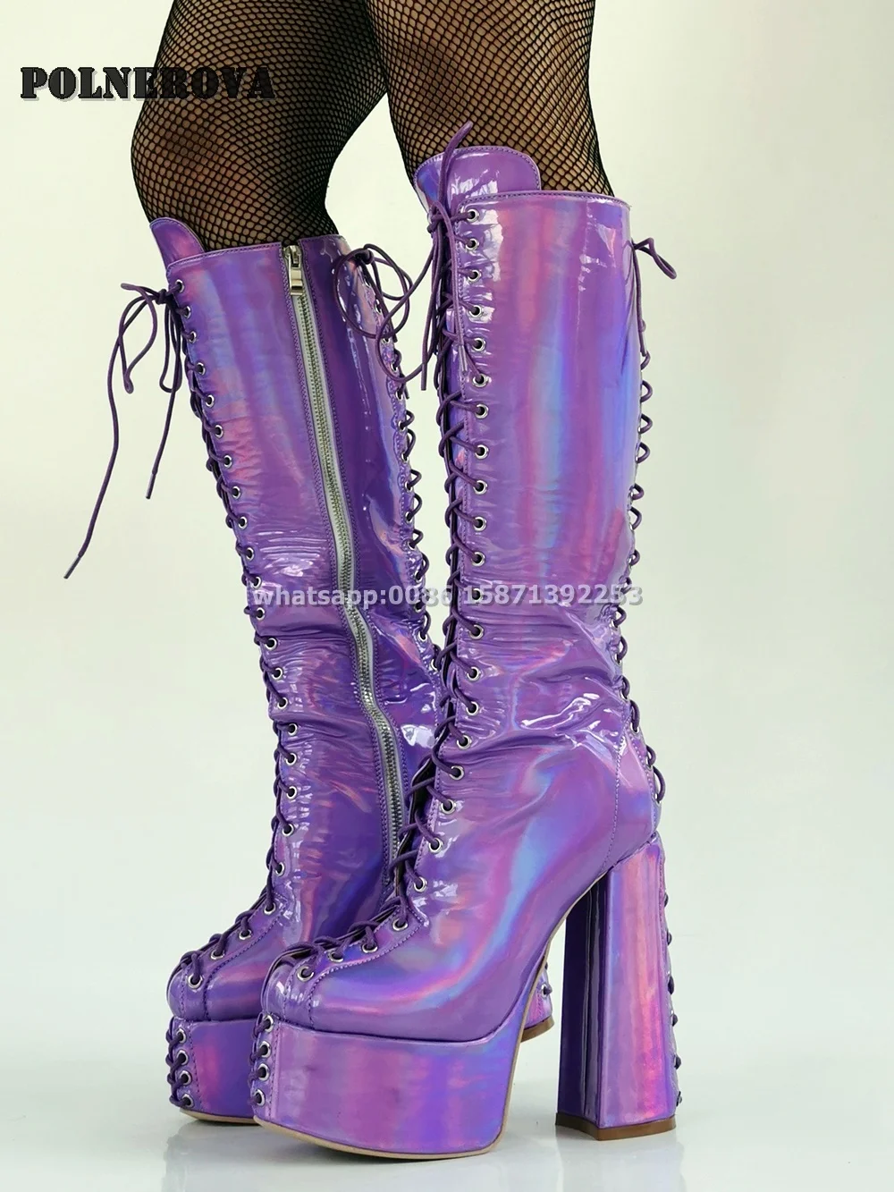 

Purple Cross Tied Platform Booty Round Toe Height Increasing Solid Patchwork Knee High Boots Large Size Sexy Spicy Girl Shoes