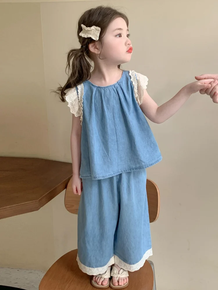女の子の夏のファッショナブルな薄いデニムワイドレッグパンツセット子供服ベビートレンディなツーピースセットカジュアルスタイル洗濯機で洗えます