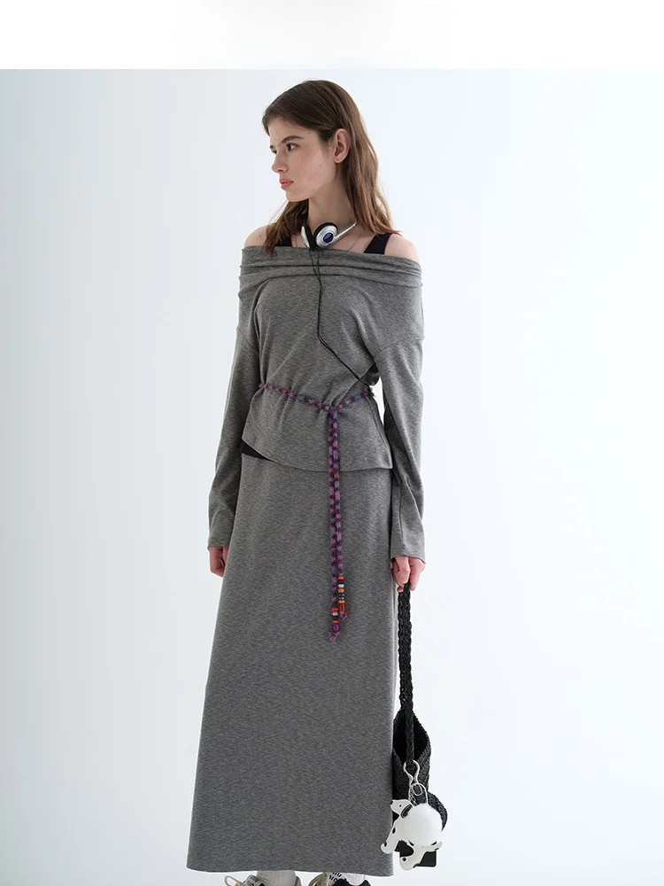 

Комплект для похудения Ele: топ с открытыми плечами и юбка миди. Новинка весны 2026. Стильный повседневный комплект для женщин.