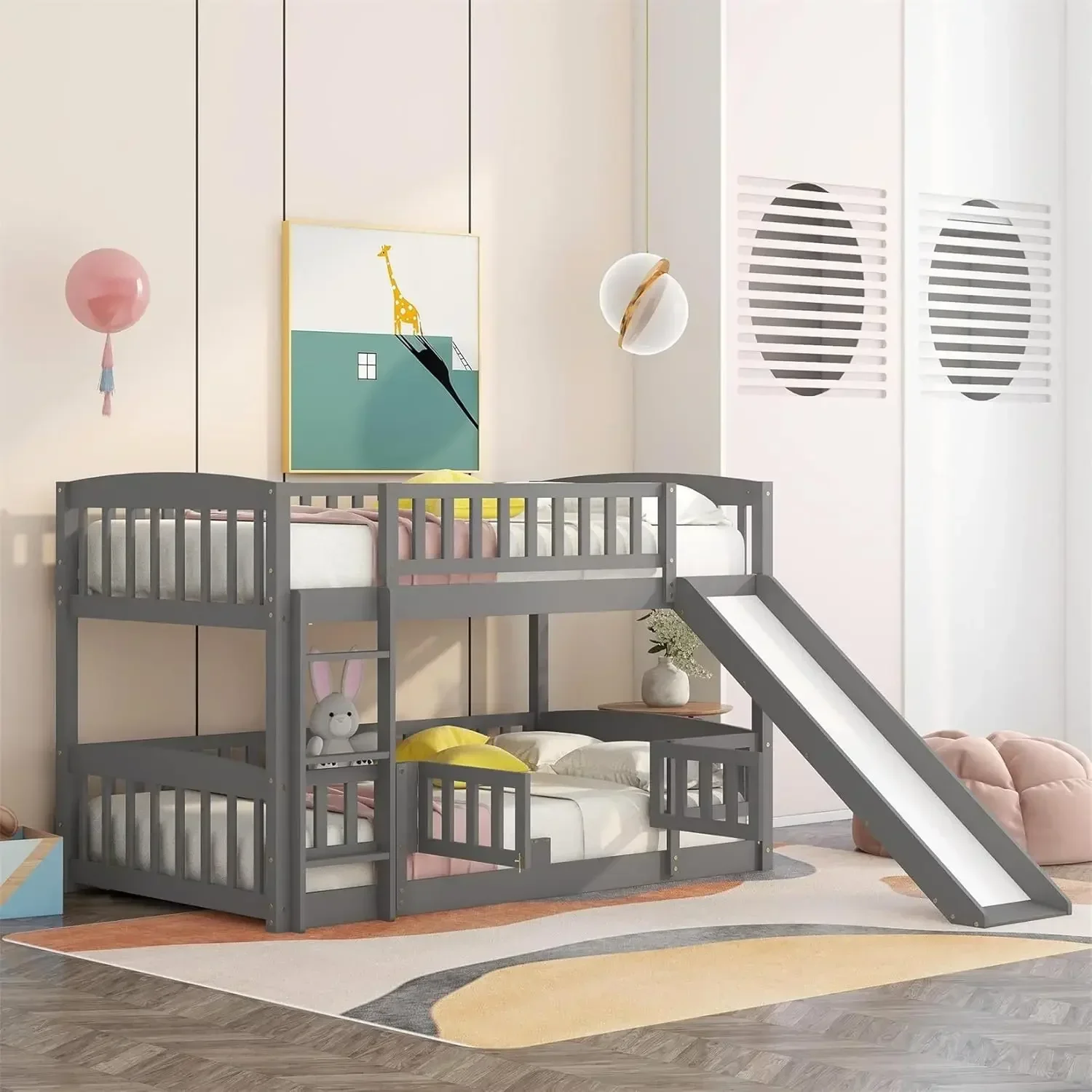 Low Bunk Bed with Slide Twin Over Twin Bunk Beds for Kids Toddlers, Wood Floor Beds Frame with Rails for Boys Girls Teens, Gray