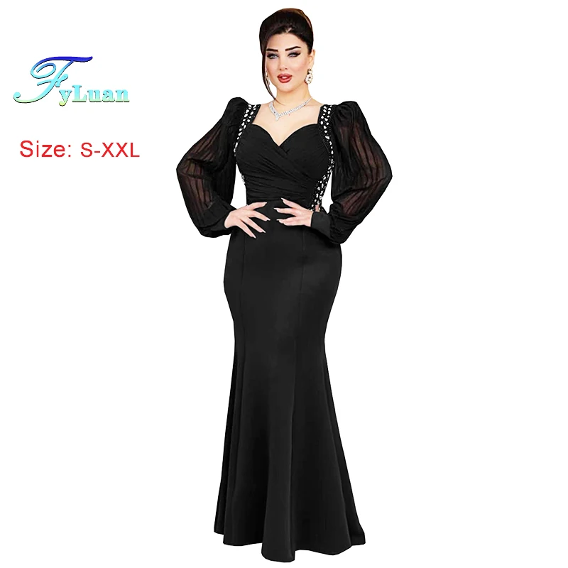 

2025 New Bubble Sleeve Women's Dress Deep V Neck Black Collect Waist Ladies Fishtail Dress Temperament Wedding Party Prom Gowns