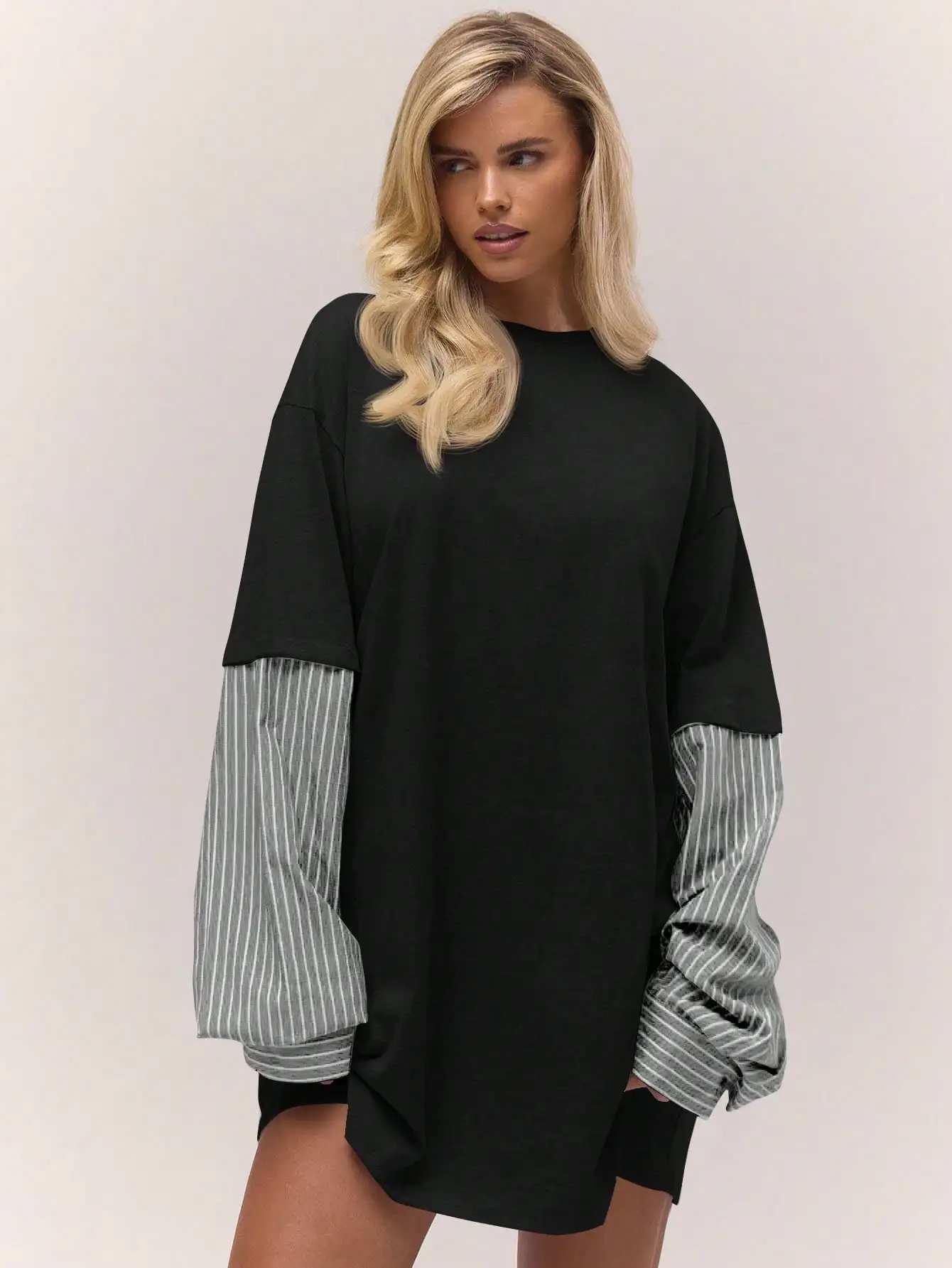 Womens Oversized Tee Mini Dress Avant Garde Preppy Aesthetic Mock Two Piece Layered Long Poplin Shirt Sleeves Solid Pitch Black White Vertical Pinstriped Cuffed Crewneck Drop Shoulder Slouchy Tunic Silhouette For Fall Spring Date Outfits Christmas Gift