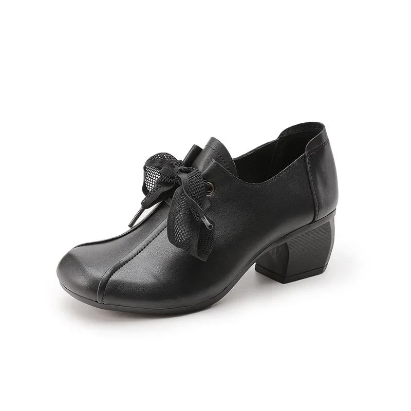 Vintage Oxfords Mid Heels Women\'s Wingtip Lace Up Pumps Shoes Woman Autumn Retro Brogue Block Heeled Genuine Leather Dress Shoes