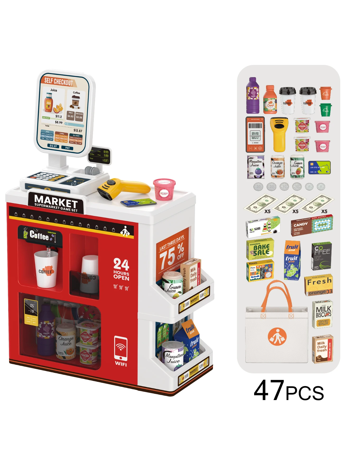 47PC Children Self‑Checkout Pretend Play Set, Simulation Grocery Store With Sound Light Play Money For Boys Girls.