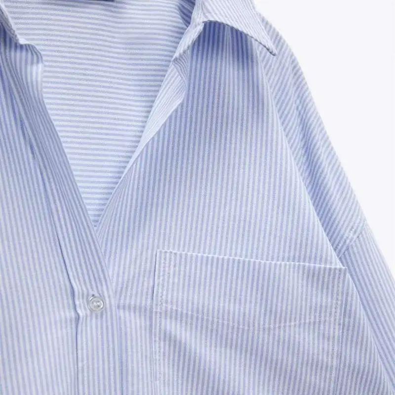 Automne nouveau femmes décontracté Ox irt ket décor coupe ample Long col Sve motif rayé bouton fermeture