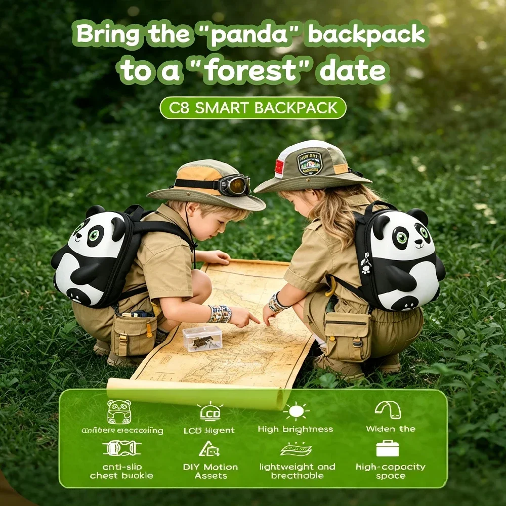 Panda Backpack with Bluetooth Controlled LED Eye Display, Customizable DIY Pattern, Waterproof Hard Shell