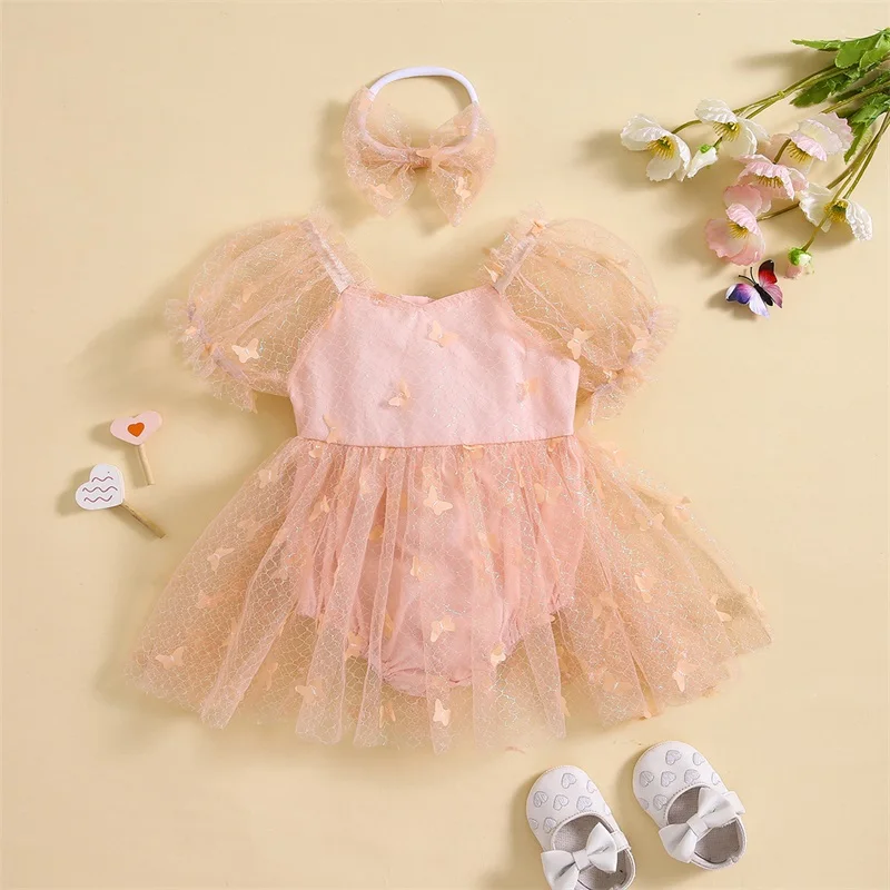 Baby Girl 2 Piece Outfit Short Puff Sleeve Frill Trim Mesh Romper Dress 3D Bow Headband Infant Toddler Girl Cute Clothing Set