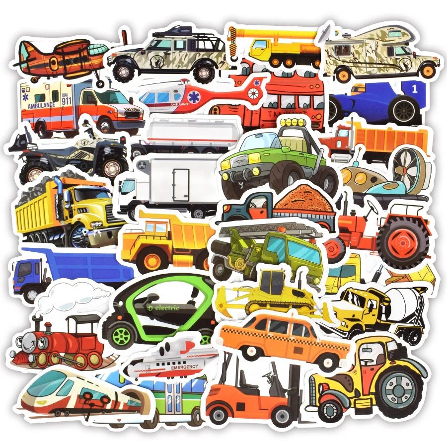 

50PCS Truck and Cars Stickers for Kids Boy Construction Stickers Train Airplane Tractor Boat Fire Truck and Race Car Stickers