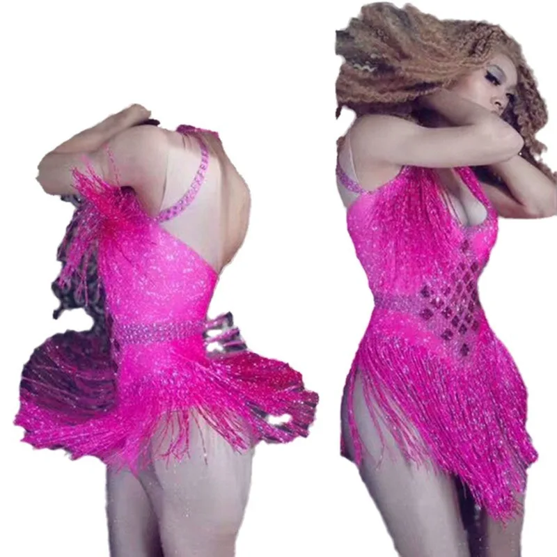 생일 파티 섹시한 무대 쇼 의상 바 Dj 터틀넥 다이아몬드 프린지 스트레치 Onesie 스커트 Vestidos Elegantes Mujer De Fiesta