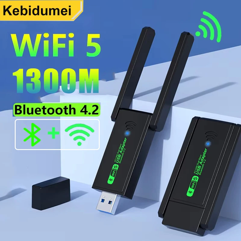 Adaptador wi-fi usb 3.0, placa de rede de 1300mbps, receptor sem fio bluetooth 4.2, banda dupla 2.4g/5ghz, transmissor para desktop, laptop, pc