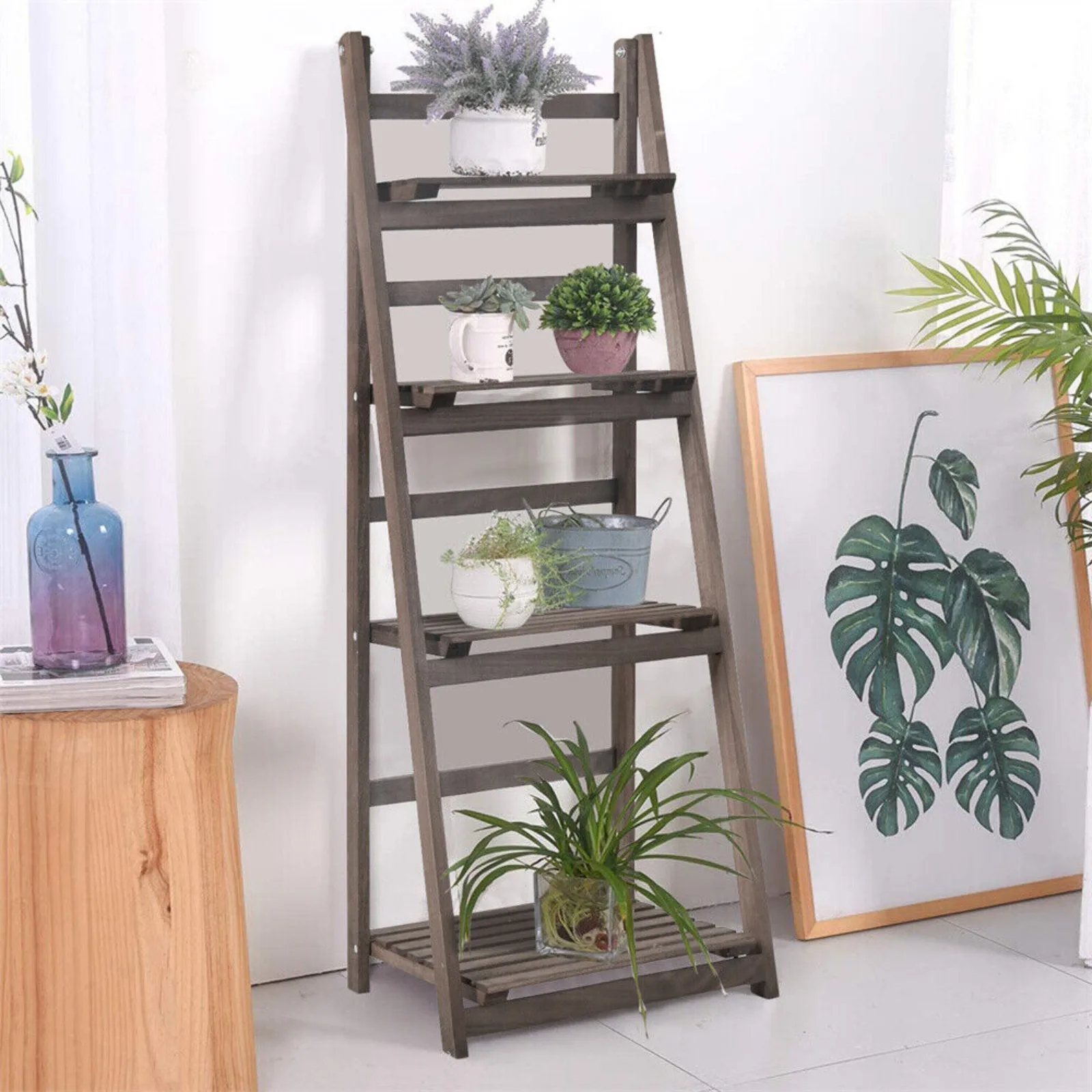 4 Tier Foldable Ladder Shelf,Plant Stand,Indoor Flower Pot Rack Wooden Bookshelf United States