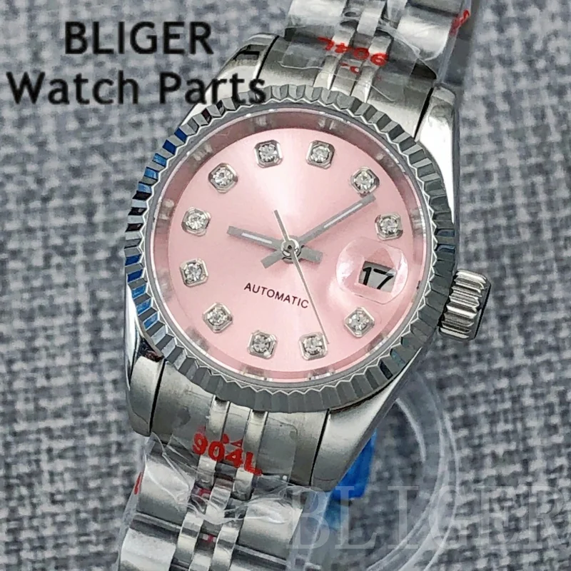 BLIGER 25.5mm NH05 Mechanical Watch For Women Pink Dial Diamond Index Sapphire Glass Steel Strap Lady's 100M Diving Wristwatch