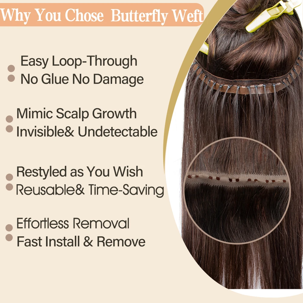 Flat PU Bundles Butterfly Weft Extensions Human Hair Hand Tied Invisible Hole Remy Twin Tabs 40-50g/Pack Invisible Wear