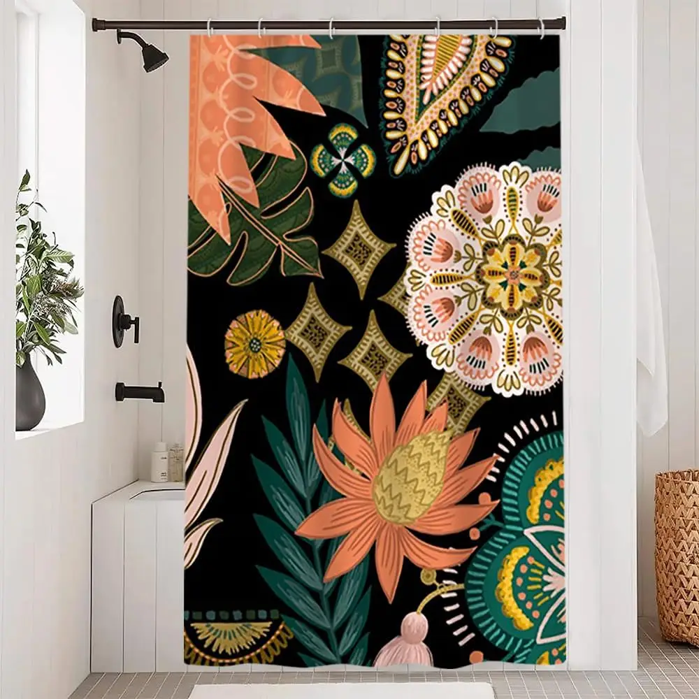 

Богемная цветочная занавеска для душа с узором тропических растений, декор для ванной комнаты, водонепроницаемая ткань, художественный стиль, 12 крючков в комплекте