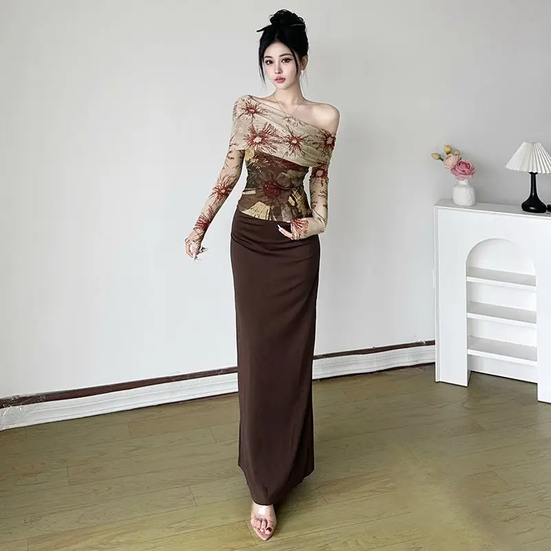 

Spice Girl Vintage Off Shoulder Mesh Patchwork Top Spring Summer New Niche Elegant Temperament Long Sleeved T-shirt Y2k Top