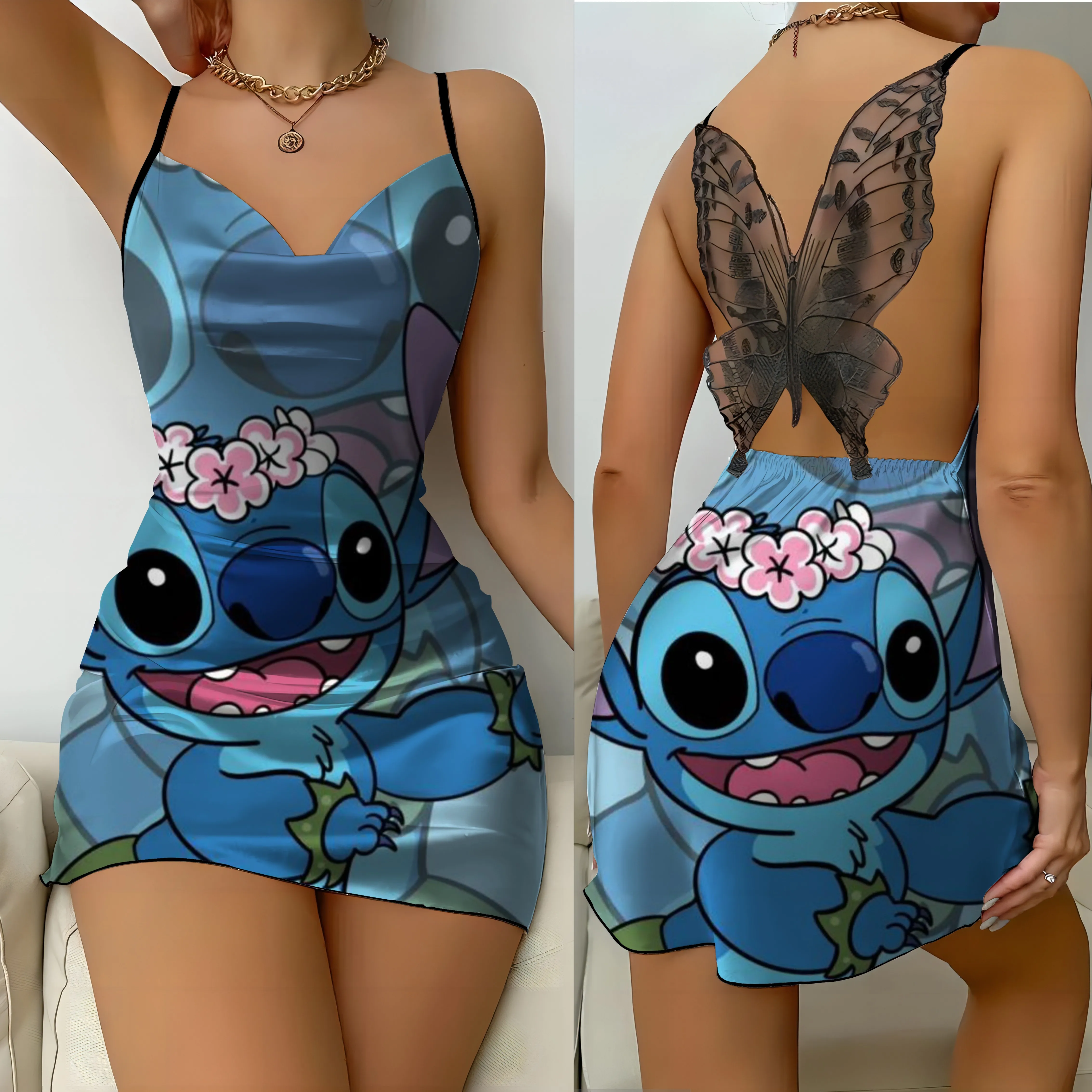 Sukienka bez pleców Sukienki damskie Satynowa powierzchnia Kokarda Węzeł Stitch Piżama Spódnica Disney Moda Lato 2024 Impreza Mini Seksowna Koronka Disney