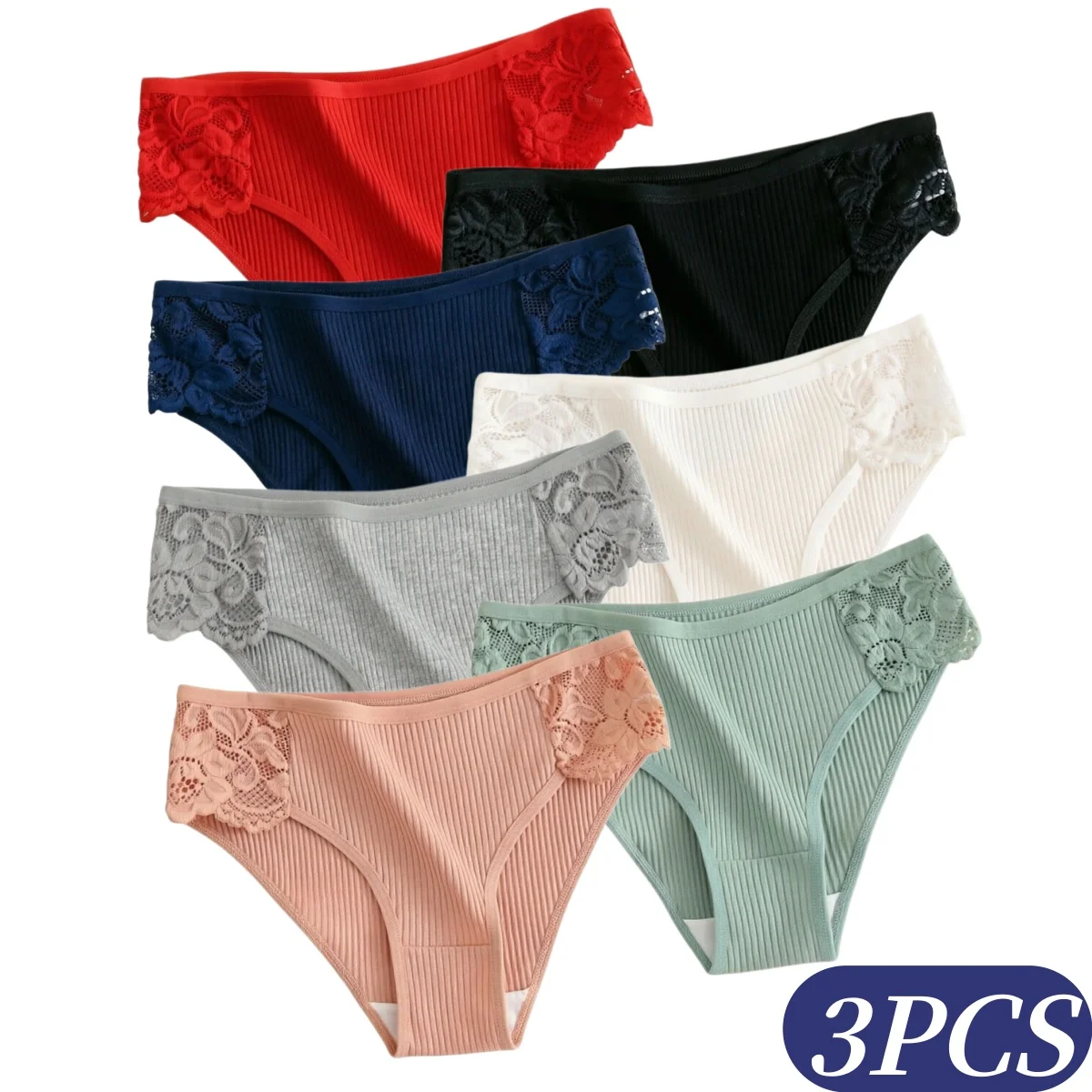 3-teiliges Set Damen Baumwoll-Slips, Niedrig Sitzende Unterwäsche mit Blumenspitze, Seitliche Patchwork-Details, Sexy Dessous S-XL