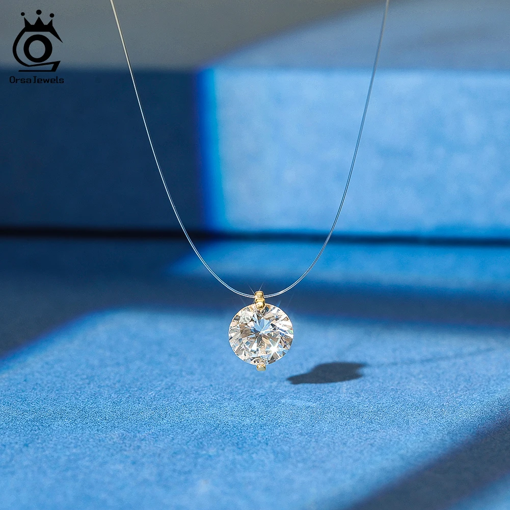 

ORSA JEWELS Shiny Crystal 8A Cubic Zircon Necklace Transparent Fishing Line Round Zircon Choker Minimalist Clavicle Chain LZN31