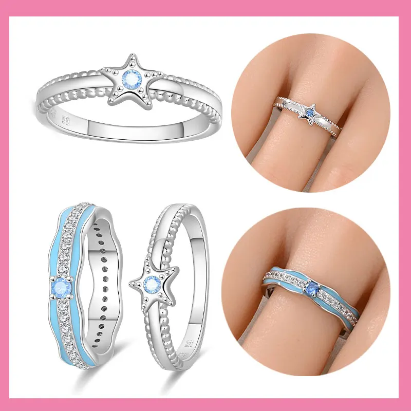 

925 Sterling Silver Original Blue waves and starfish Ring Women's Anniversary Gift Engagement Rings for Women Mens Jewelry