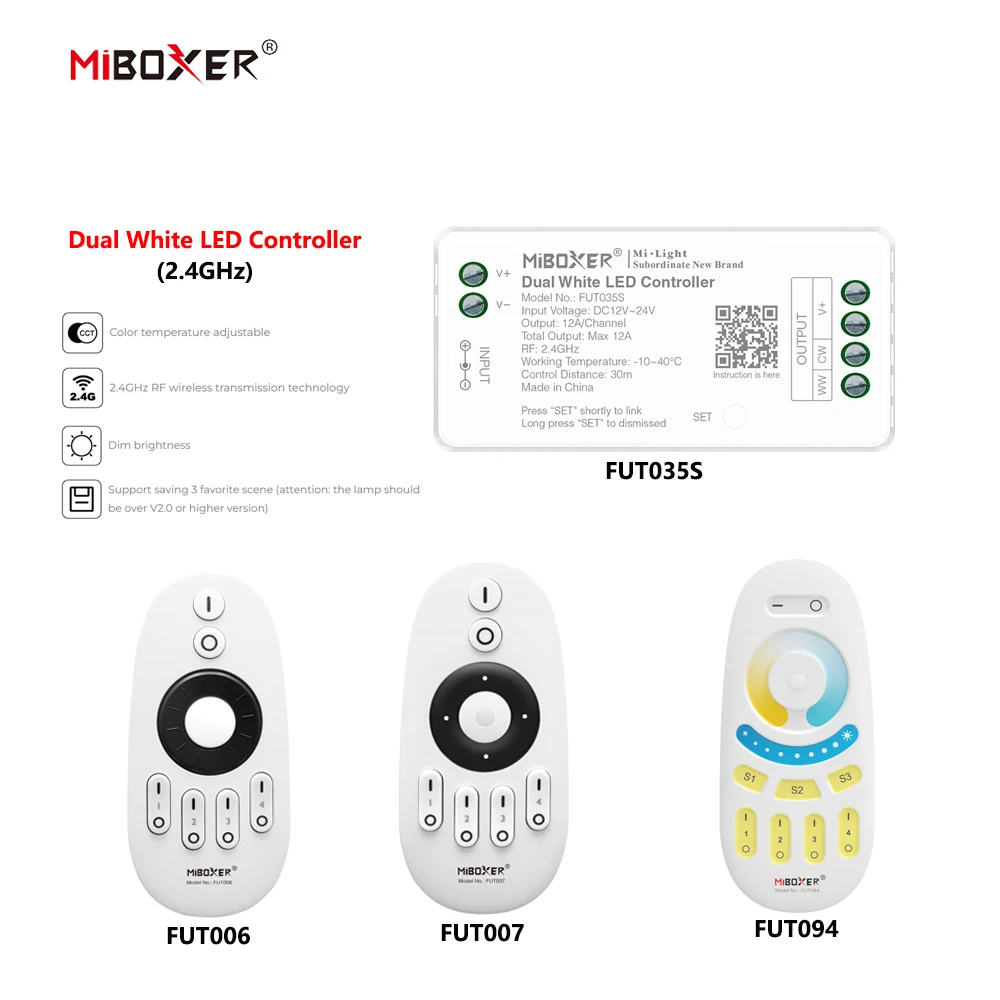 MiBoxer DC12~24V FUT035S+FUT006/FUT007/FUT094 2.4GHzRF Wireless Dual White 12A/Ch LED Controller For CCT COB/Led Strip Light
