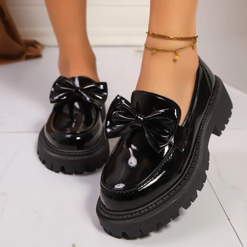 

Preppy Style Bowknot Platform Loafers for Women Fashion Thick Bottom Pu Leather Shoes Woman Plus Size Round Toe Lolita Shoes
