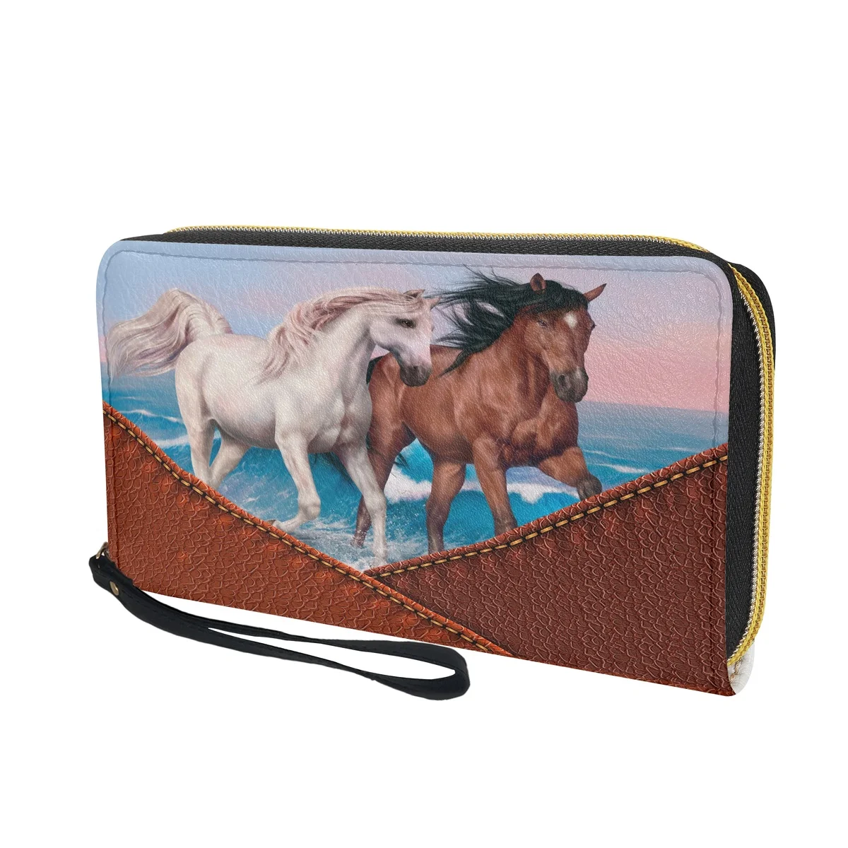 Cartera de cuero PU con diseño de caballo divertido, monedero de moda, Tarjetero con patrón de Animal, embrague pequeño con cremallera, 2023