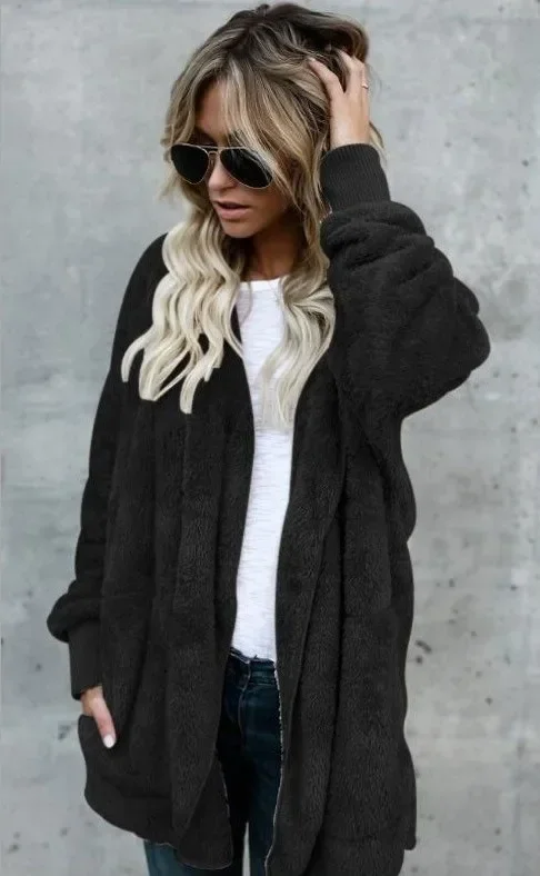 Winter Doppel Fleece Strickjacke Jacke Herbst Frauen Einfarbig Langarm Plüsch Warme Mit Kapuze Dame Jacke Übergroßen Oberbekleidung Mantel – Detail 8