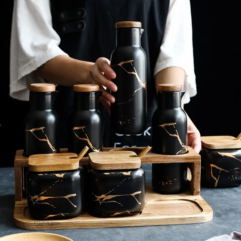 Frosted Marble Seasoning Box Nordic Light Luxury Seasoning Bottle Ceramic Seasoning Jar Oil Bottle Salt Shaker Kitchen Supplies