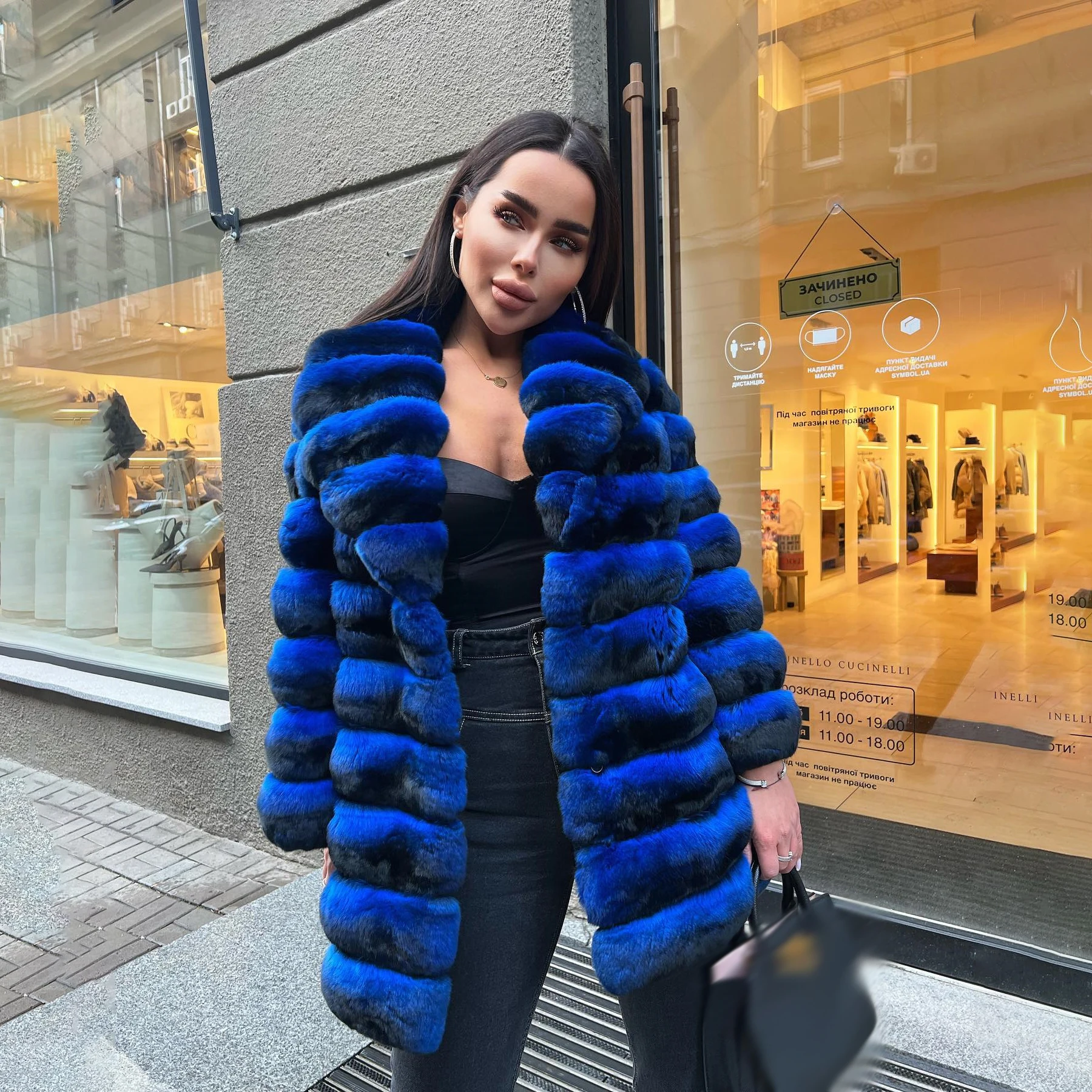 Fashion Blue Rex Rabbit Fur Coat Natural Women Thick Warm Fur Overcoat with Lapel Collar Luxury Woman Real Rex Rabbit Fur Coats