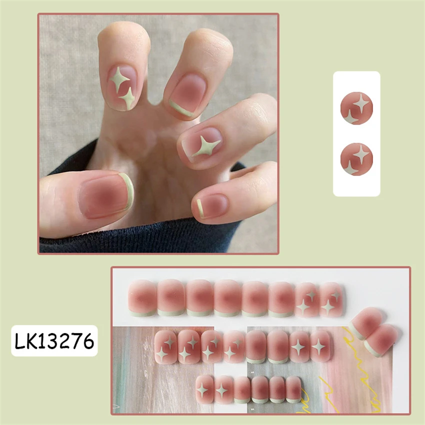 

24Pcs/Set Mint Blush Fresh Acrylic Fake Nails Full Coverage Stick Press on Nail Tips French Removable Wearing False Nails Art