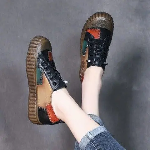 Retro Patchwork Leather Single Shoe for Women Platform Shoes Spring Autumn British Style Casual Shoes with Low Tops Sneaker