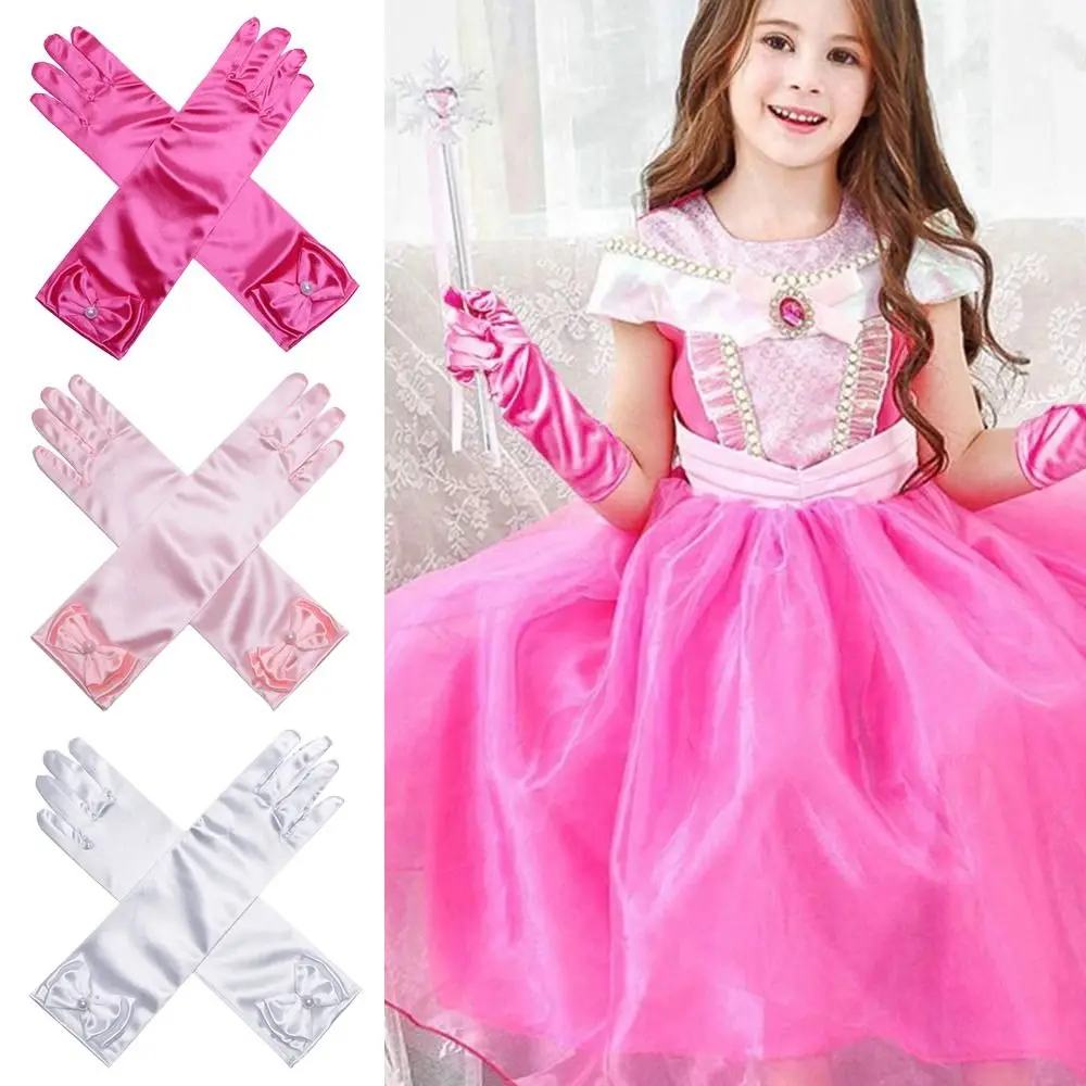 Vestido de novia de satén con lentejuelas para niños, accesorios de falda de princesa, guantes largos para niños, guantes de escenario, mitones de dedo completo