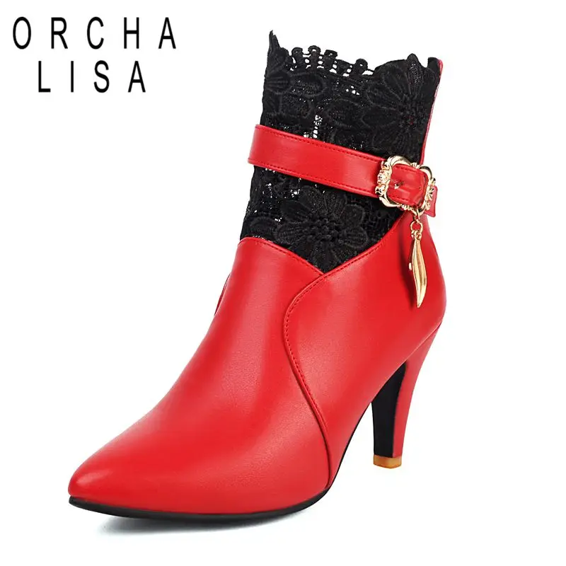 

ORCHA LISA 2025 Sexy Women Ankle Boots Pointed Toe Thin Heels 8.5cm Zipper Belt Buckle Mixed Color Plus Size 46 47 Wedding Bota