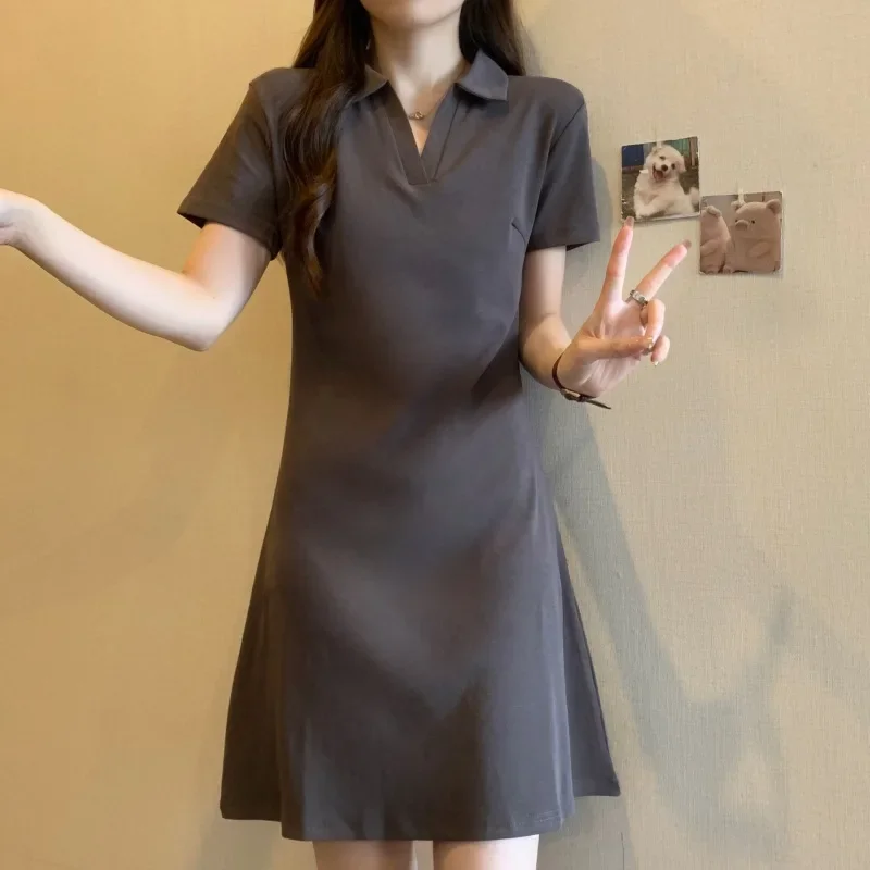 Cotton polo neck slim Joker women's dress short black skirt