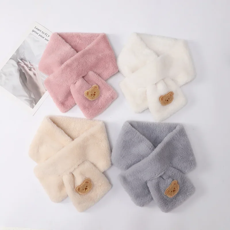 Cute Bear Baby Scarf Boys Girls Winter Warm Scarves Imitation Rabbit Fur Neck Protector Soft Plush Cross Scarf Kids Accessories