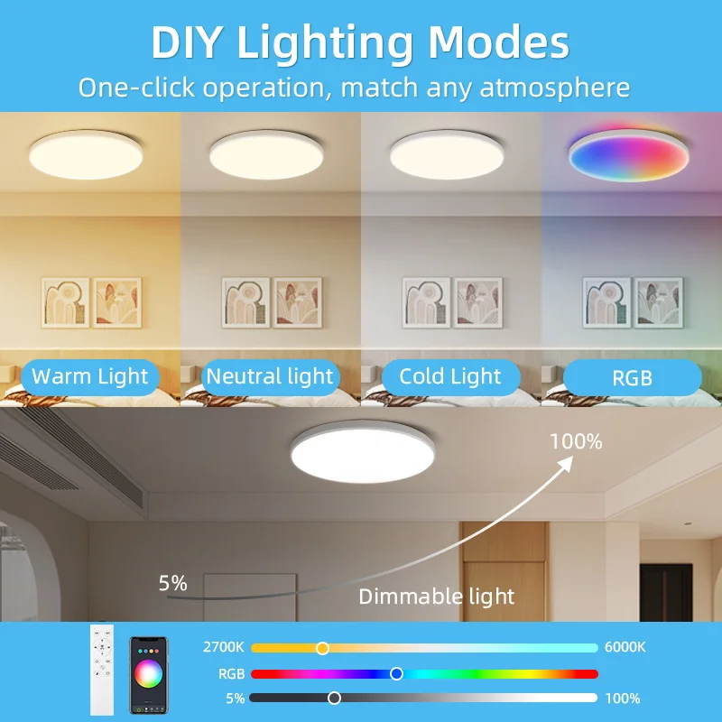 Imagem -03 - Luz de Teto Led Inteligente Painel Regulável Iluminação Led Lâmpada do Quarto Decoração de Casa Controle Bluetooth App Rgbcw 24w