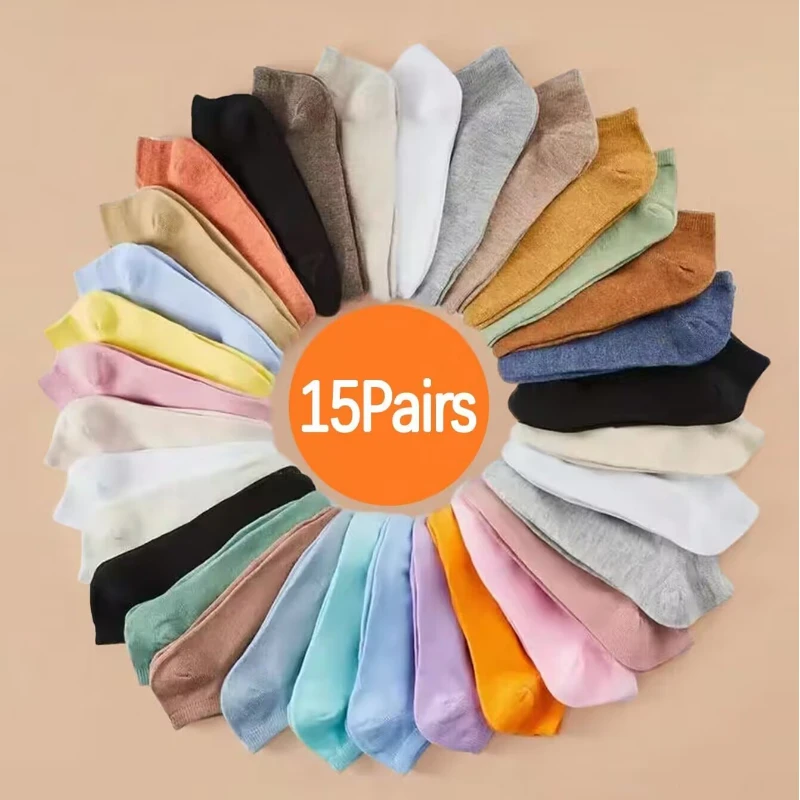 

15 пар высококачественных женских носков ярких цветов, впитывающих пот, дышащих, универсальных и простых в использовании, а также простые носки-следки.