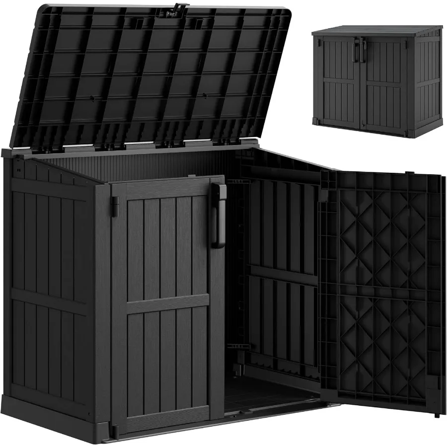 Outdoor storage cabinet for garage, patio, backyard: 36 cu ft, weatherproof polyethylene, gray, dual lockable doors and built-i
