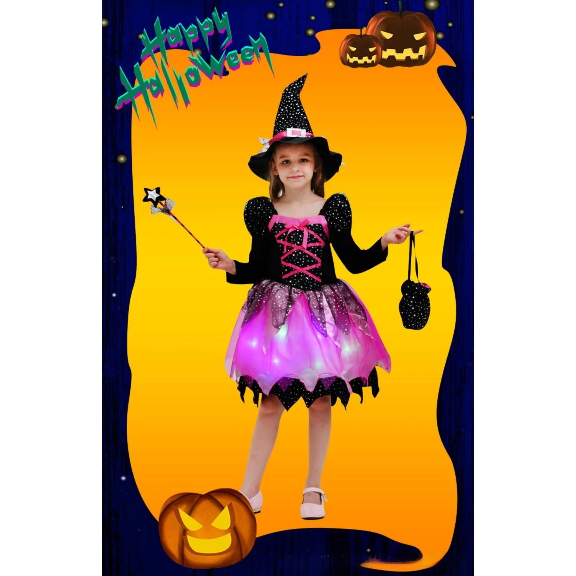 Fantasia infantil de halloween para meninas, saia de príncipe de bruxa, roupa de performance de bruxa pequena, dança ow eup, performance de bola