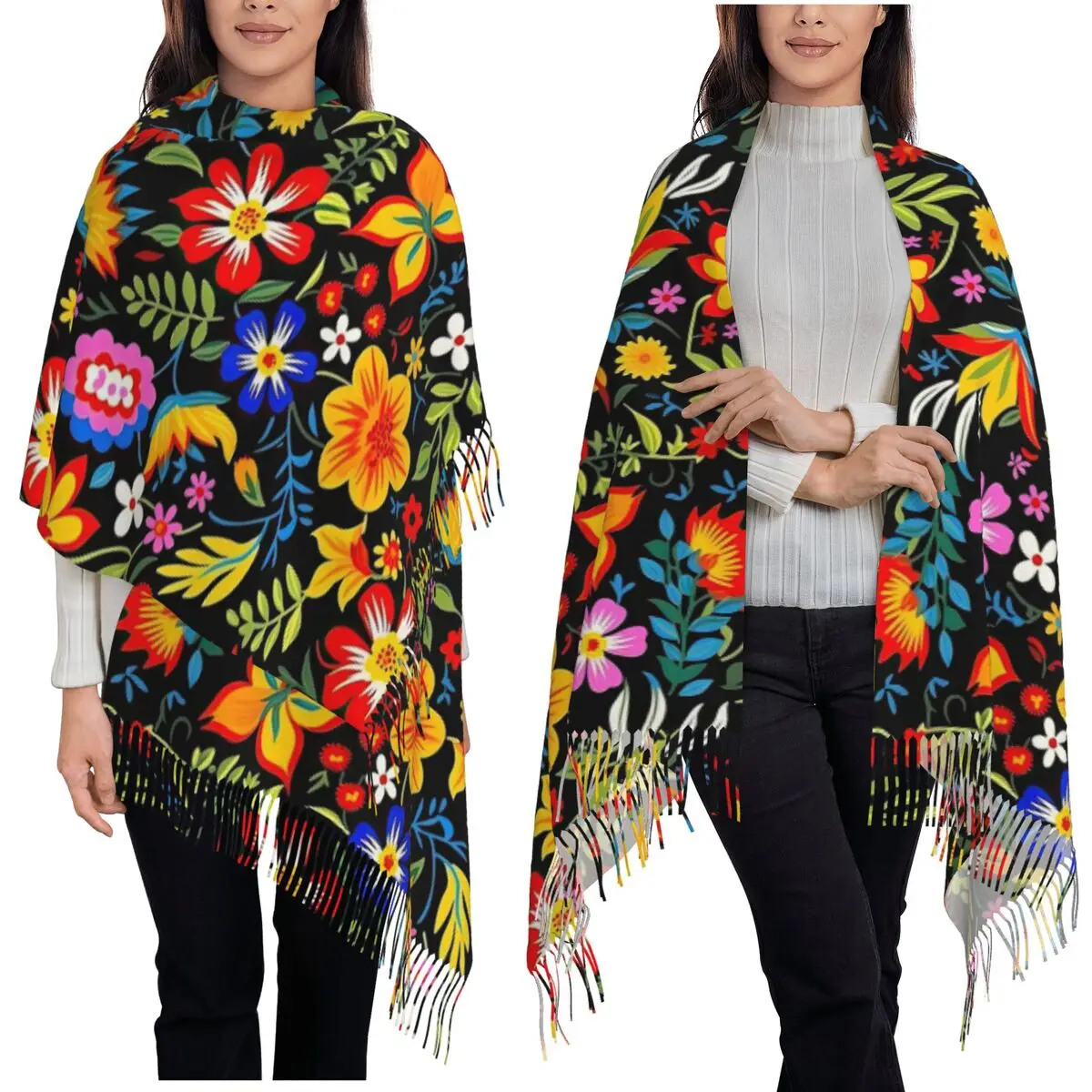 Mexicano vintage flroal rebozos mexicanos cachecol borla cachecóis para mulheres xales macios e quentes e envoltórios longo outono inverno xale envoltório
