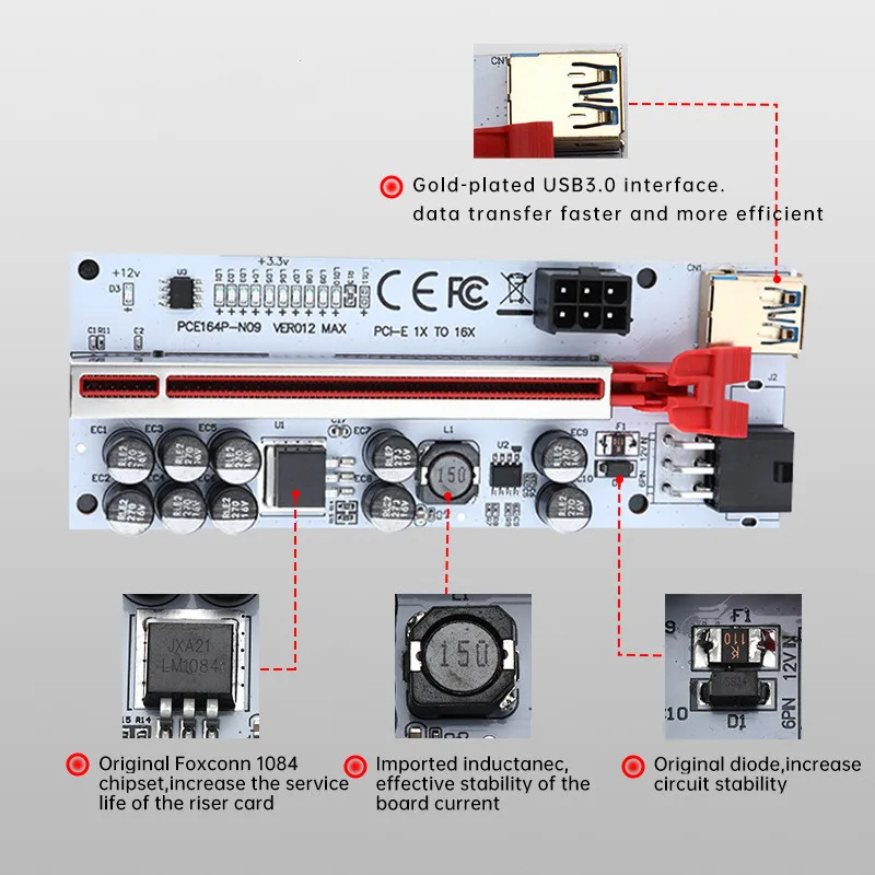 Imagem -03 - Pcie Riser Ver012 Max 012max Riser Pci Express X16 Extensor Usb3.0 Gpu Riser para Placa de Vídeo w Led para Bitcoin Miner Mining Pcs