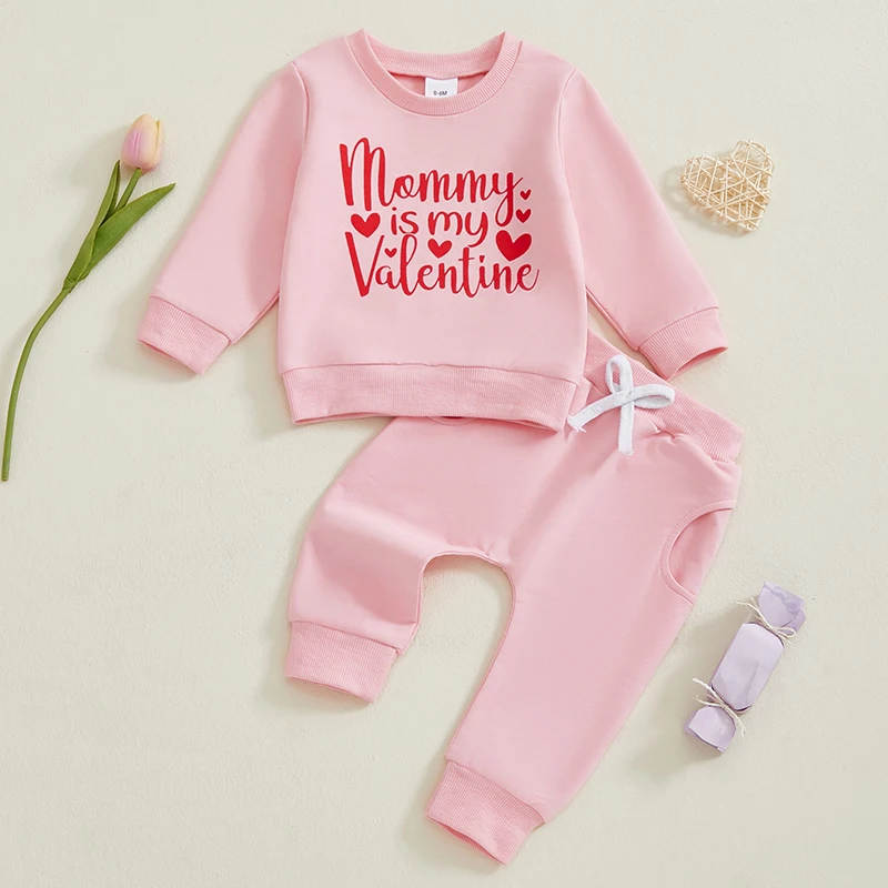 Toddler Girl Valentine’s Day Clothes Set Long Sleeve Heart Print Sweatshirt Ruffle Pants Outfit Baby Girl Clothing