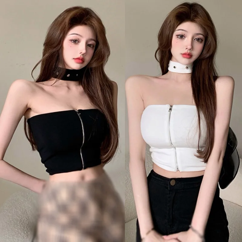 INS Korean Solid Color Zipper Halter Slim Sexy Exposed Navel Camisole Crop Top