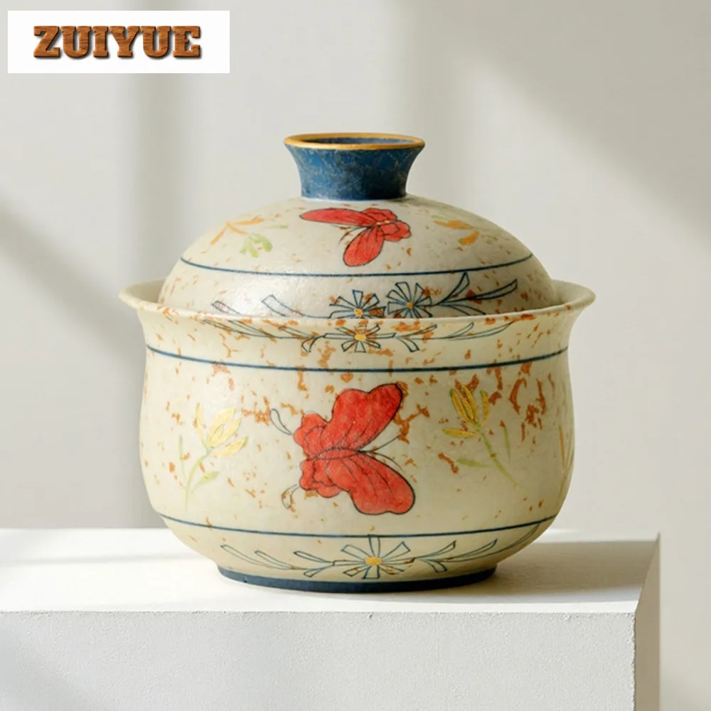

150ml Caramel Glaze Hand-painted Butterfly Orchid Gaiwan Zen Tea Tureen Tea Bowl With Lid Kit Tea Maker Cover Bowl Teaware Gift