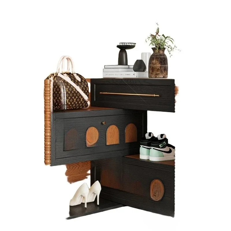 

French retro style solid wood shoe cabinet entry living room storage bucket cabinet