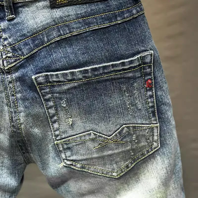 Streetwear Fashion Men Jeans Retro Washed Blue Stretch Slim Fit Ripped Jeans Men Embroidery Designer Hip Hop Vintage Denim Pants