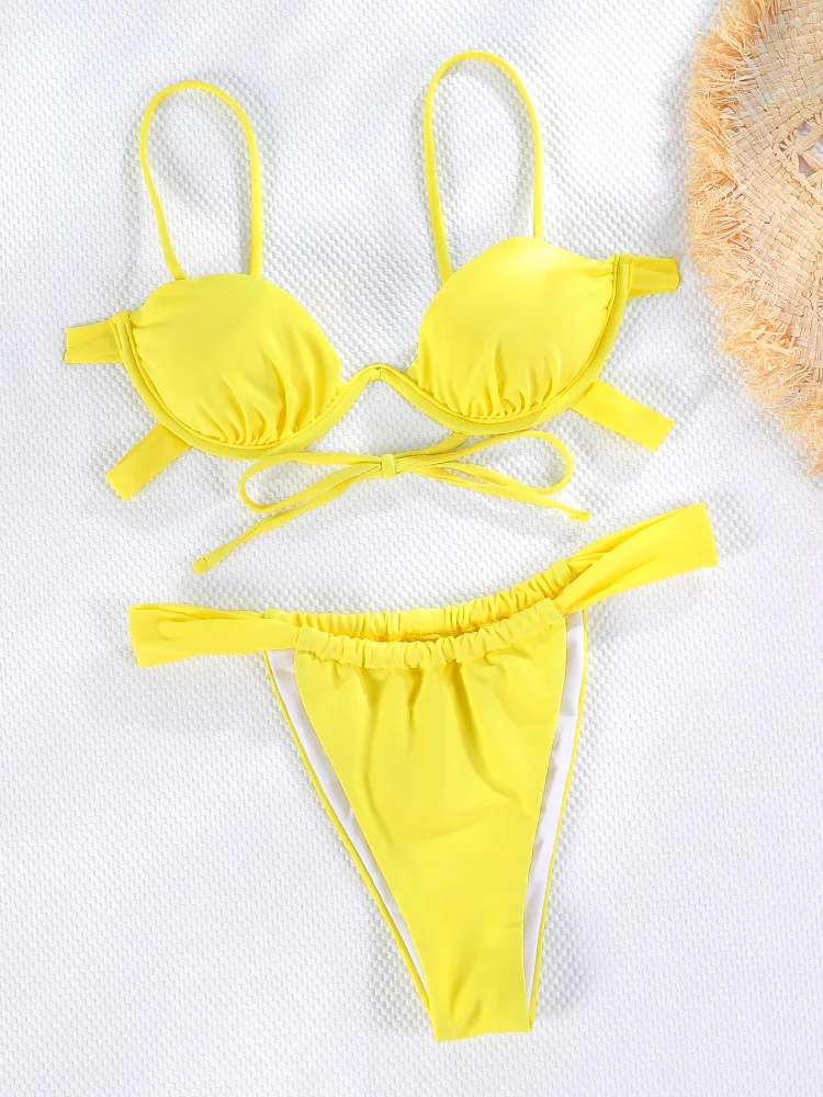 Micro Bikini Thongs Solid Color Swimwear Ties Yellow Swimsuit Women Summer Push Up Biquini Brazilian String Bathing Suit