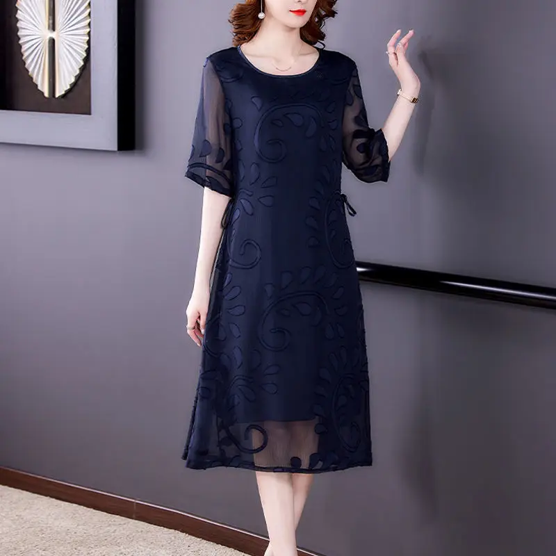 Elegant Vintage Women Embroidery Midi Dress Summer Half Sleeve Big Size Chiffon Dresses Fashion Casual Female Loose Sundress 5XL