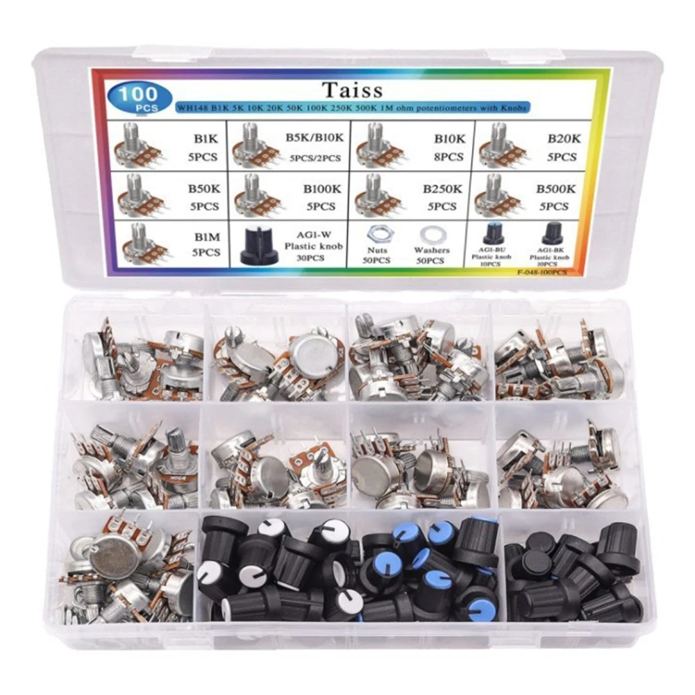 

100PCS Rotary Potentiometer Assortment Kit For Audio Applications Potentiometer Kit With Rotary Knobs Single Linear Electrical