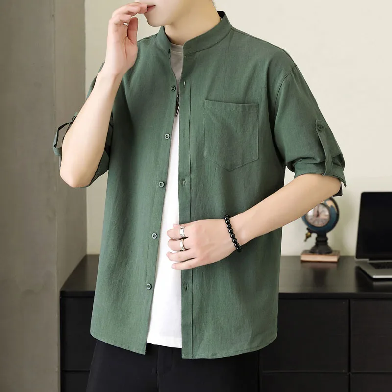 

Standing Collar Shirt Men Summer Cotton Linen Pure Color Large Size Breathable Chinese Style Half Sleeve Casual Shirts Men